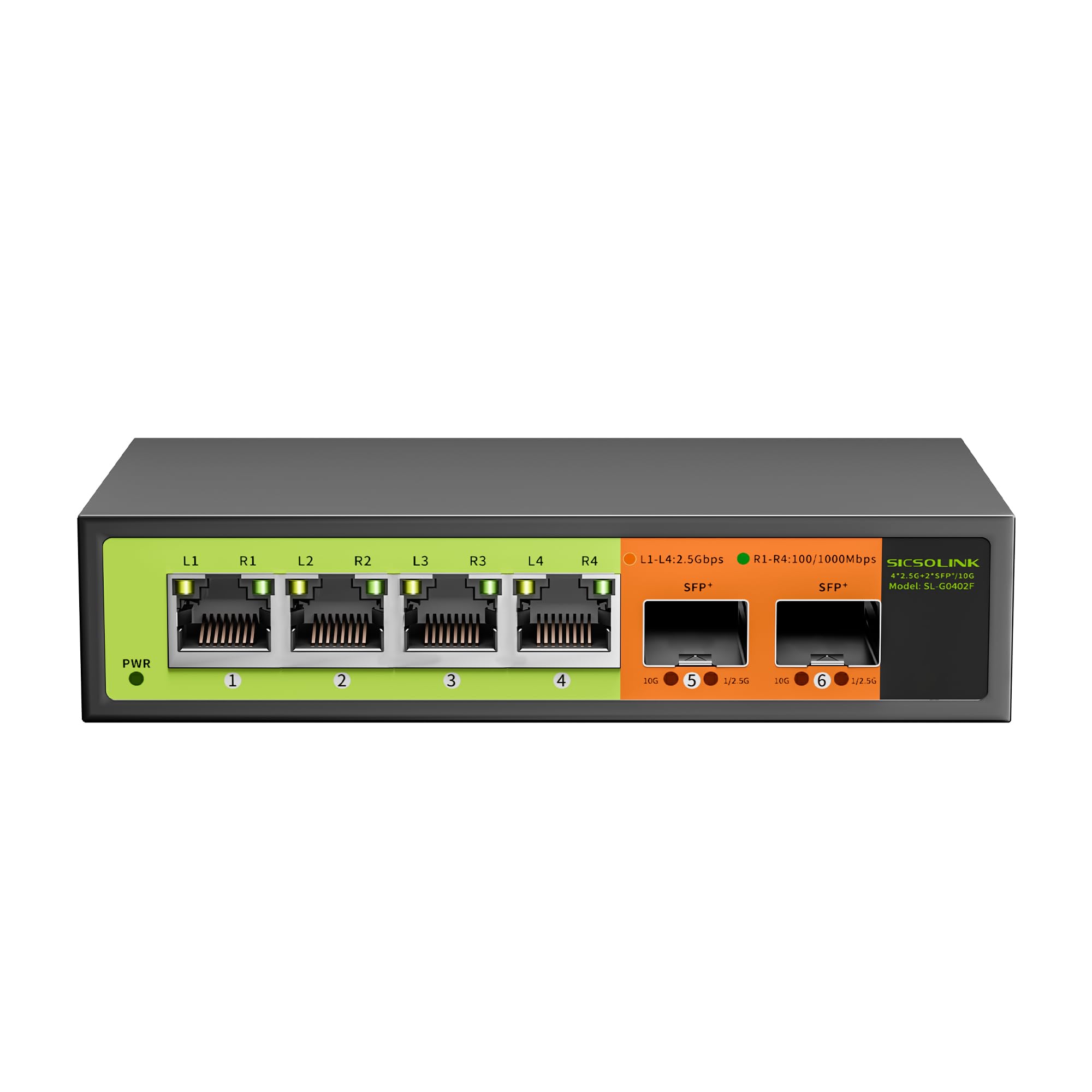 Interruptor de red de 6 puertos de 2,5 GB, 4 x 2,5 G RJ45, 2 x 10 G SFP+, Muti-gigabit, no administrado, carcasa de metal, ancho de banda de 60 G, sin ventilador, compatible con NAS de 2,5 GB, PC, AP