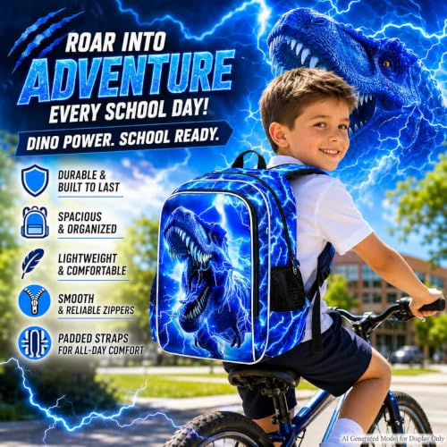 Image of 17 inch Dinosaur Backpack for Boy, 3Pcs Lightning Bookbag for Elementary Preschool Kindergarten, Kids School Backpacks with Lunch Box (Blue)