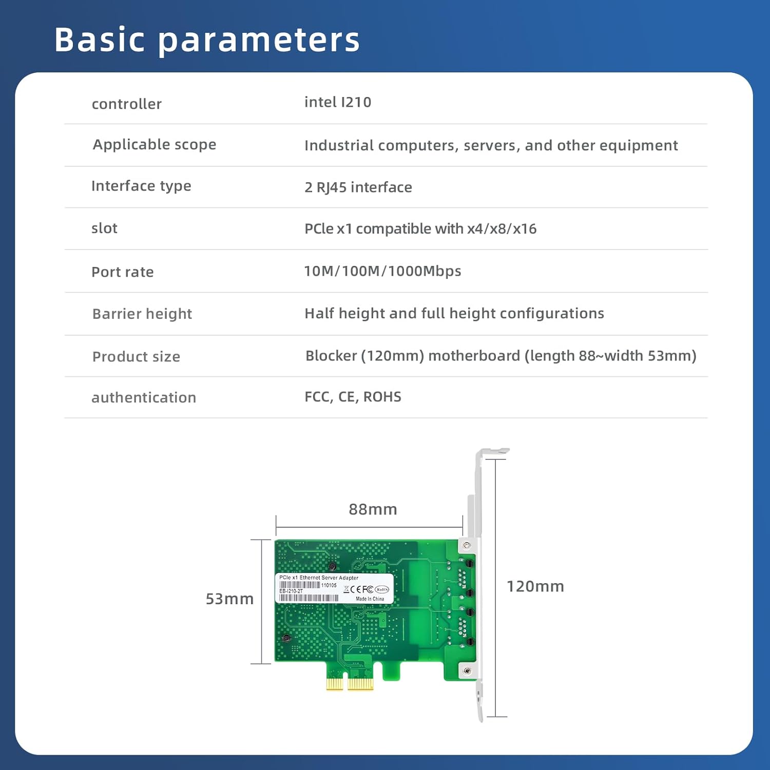 10G Ethernet Network Card PCI-E X1 Dual Port RJ45 NIC, with Intel I210 Chip Gigabit Ethernet Adapter, 1000Mbps Server