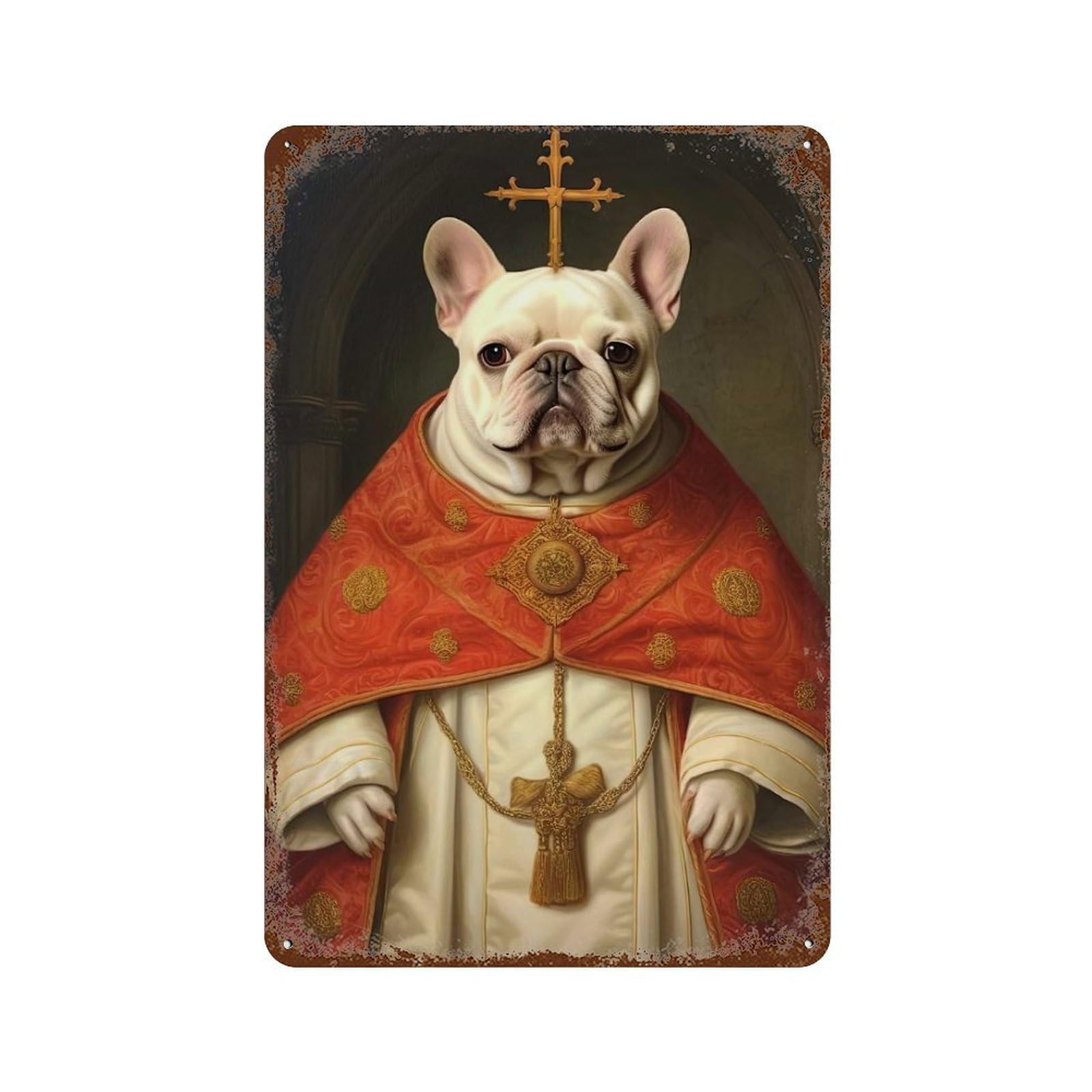 Rust Effect Cream French Bulldog Pope Aged Metal Wall Plaque 11.8"x7.9", Shabby Chic Decor for Basement, Hobby Room And Garage Decor
