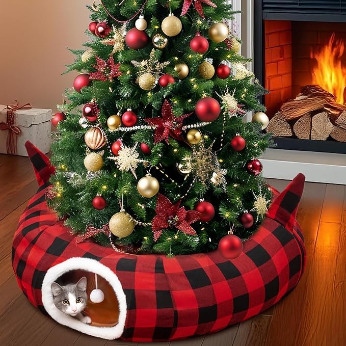 GUDELAK Tunnel per gatti sotto l'albero di Natale, cucce per gatti da interni con palla appesa e orecchie di gattino, ciambella per gatti con gonna per albero di Natale, plaid rosso e nero, per
