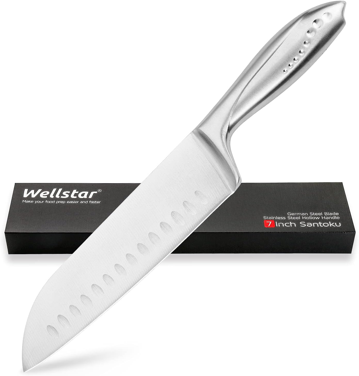 WELLSTAR Santoku Knife 7 Inch, Super Sharp German Steel Kitchen Cooking Knife with Comfortable All Stainless Steel Handle for Chopping Slicing Dicing and Mincing of Meat Vegetables and Fruits