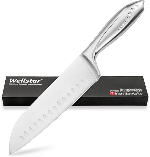 Vista 10 de WELLSTAR Santoku Cuchillo de cocina de 7 pulgadas, afilado estilo japonés con hoja de acero inoxidable de alto carbono, negro