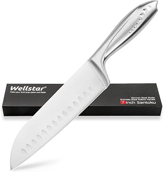 WELLSTAR Santoku Knife 7 Inch, Super Sharp German Steel Kitchen Cooking Knife with Comfortable All Stainless Steel Handle for Chopping Slicing Dicing and Mincing of Meat Vegetables and Fruits