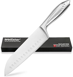 WELLSTAR Santoku Knife 7 Inch, Super Sharp German Steel Kitchen Cooking Knife with Comfortable All Stainless Steel Handle for Chopping Slicing Dicing and Mincing of Meat Vegetables and Fruits