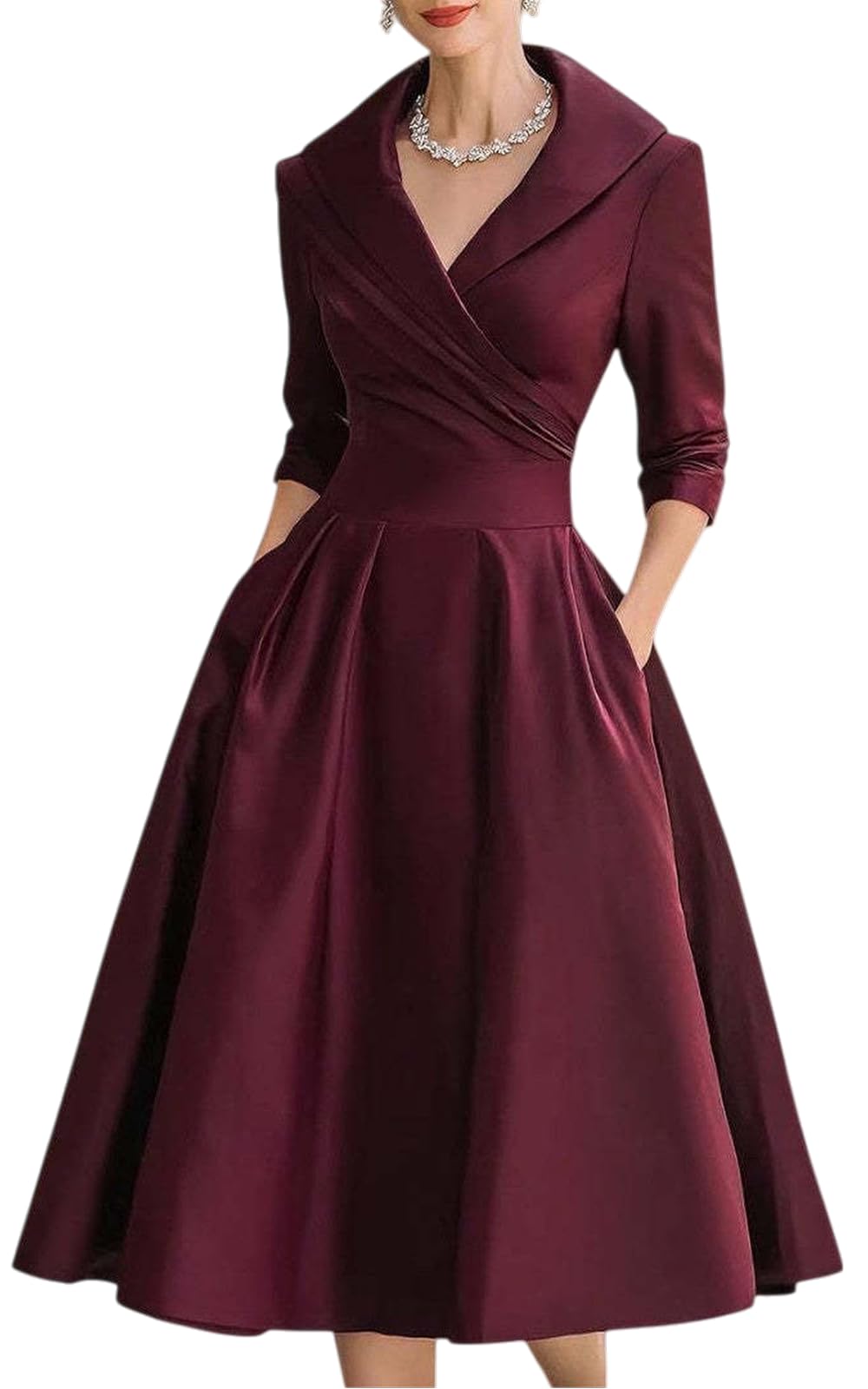 Autumn Elegant A-Line Dress for Women V-Neck Long Sleeve High Waist Pocketed Midi Commute Work Dress