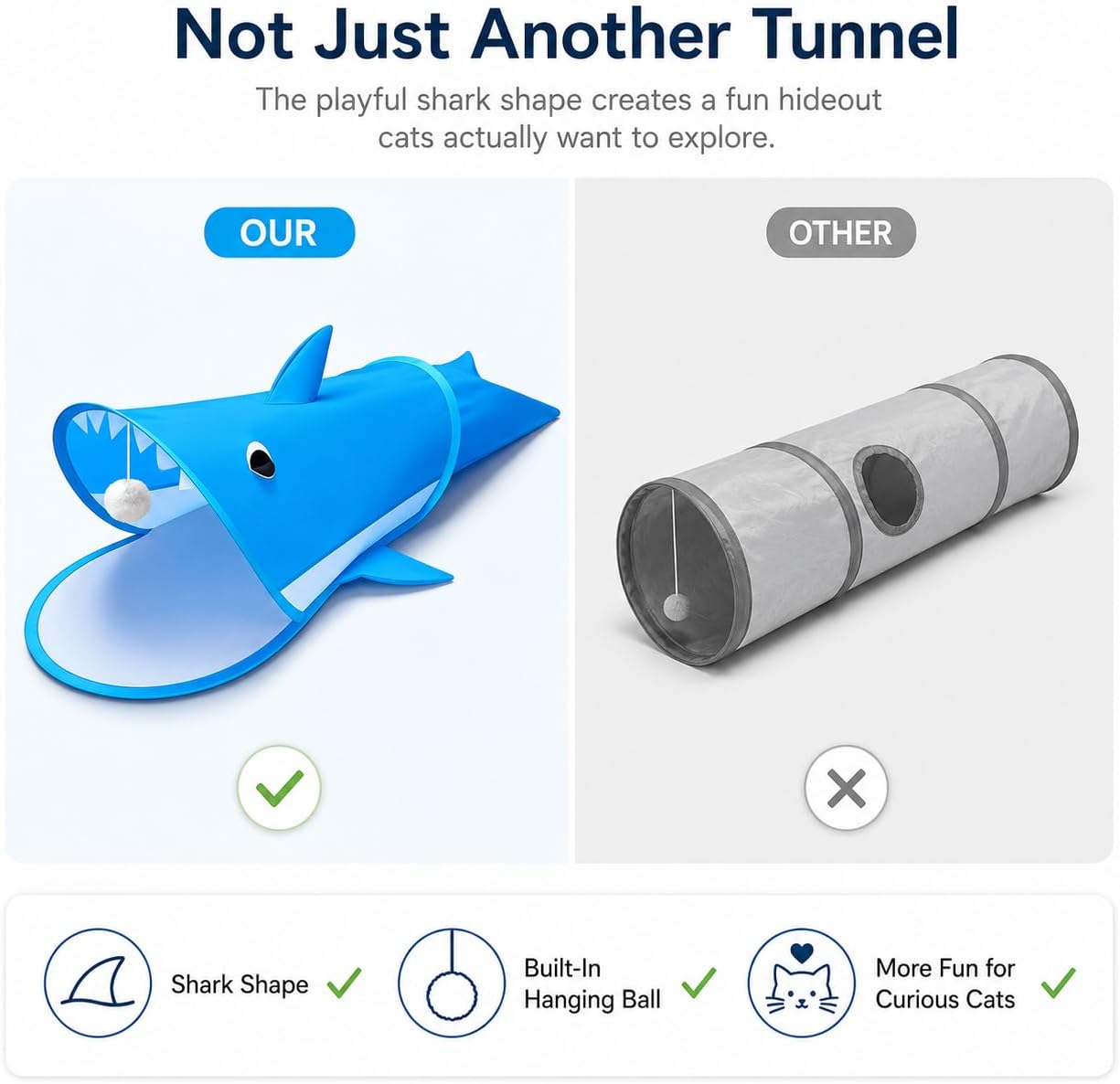 Blue Shark Cat Tunnel Toy, Collapsible Pop-Up Cat Play Tunnel with Interactive Hanging Ball & Storage Bag, Durable Polyester Interactive Cat Toy for Indoor Cats, Kittens