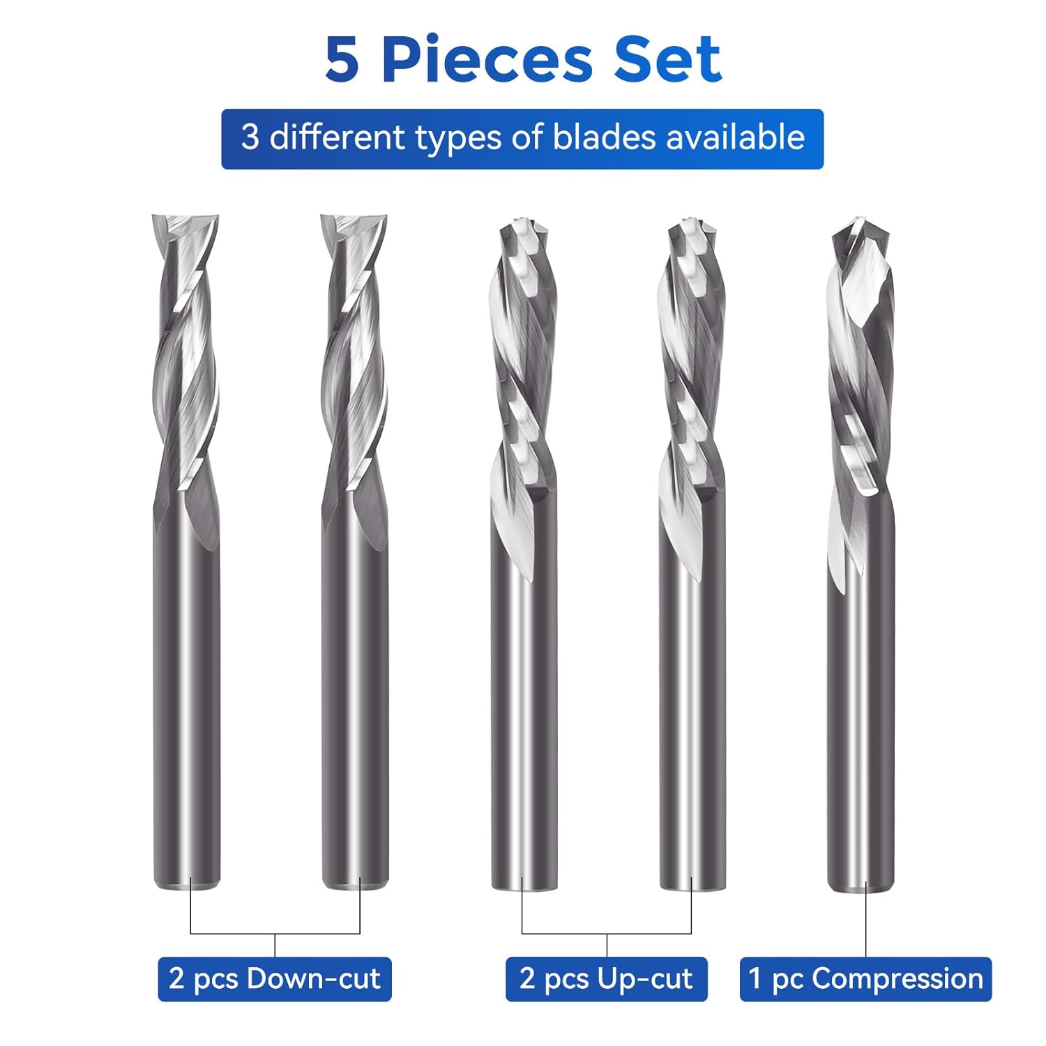 5PCS CNC Router Bits 1/4 Inch Shank Includes 1/4" ER11 High Precision Collet, Spiral Upcut Downcut Compression Router Bit Solid Carbide End Mills for Wood Cut, Carving