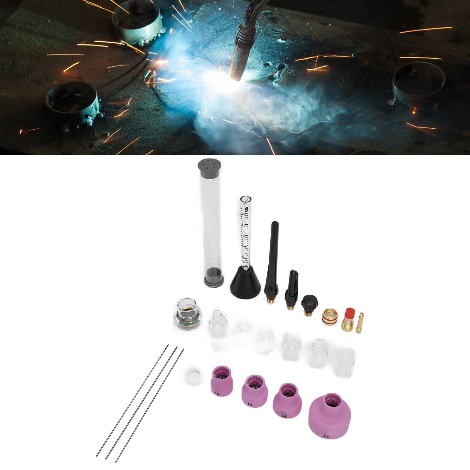 Kit de boquilla de soldadura por de argón con caudalímetro de gas, aguja de tungsteno de 1,6 mm y anillo de sellado, compatible con antorchas WP 17, WP 18 y WP 26, piezas de