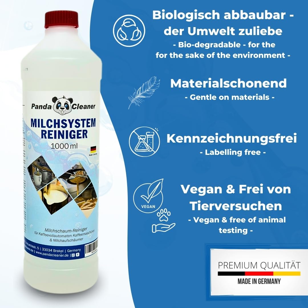 PandaCleaner Milchsystemreiniger Kaffeevollautomat - 1000ml Konzentrat für alle Markengeräte - Milchschaumreiniger für Kaffeevollautomaten - Milchsystem-Reiniger