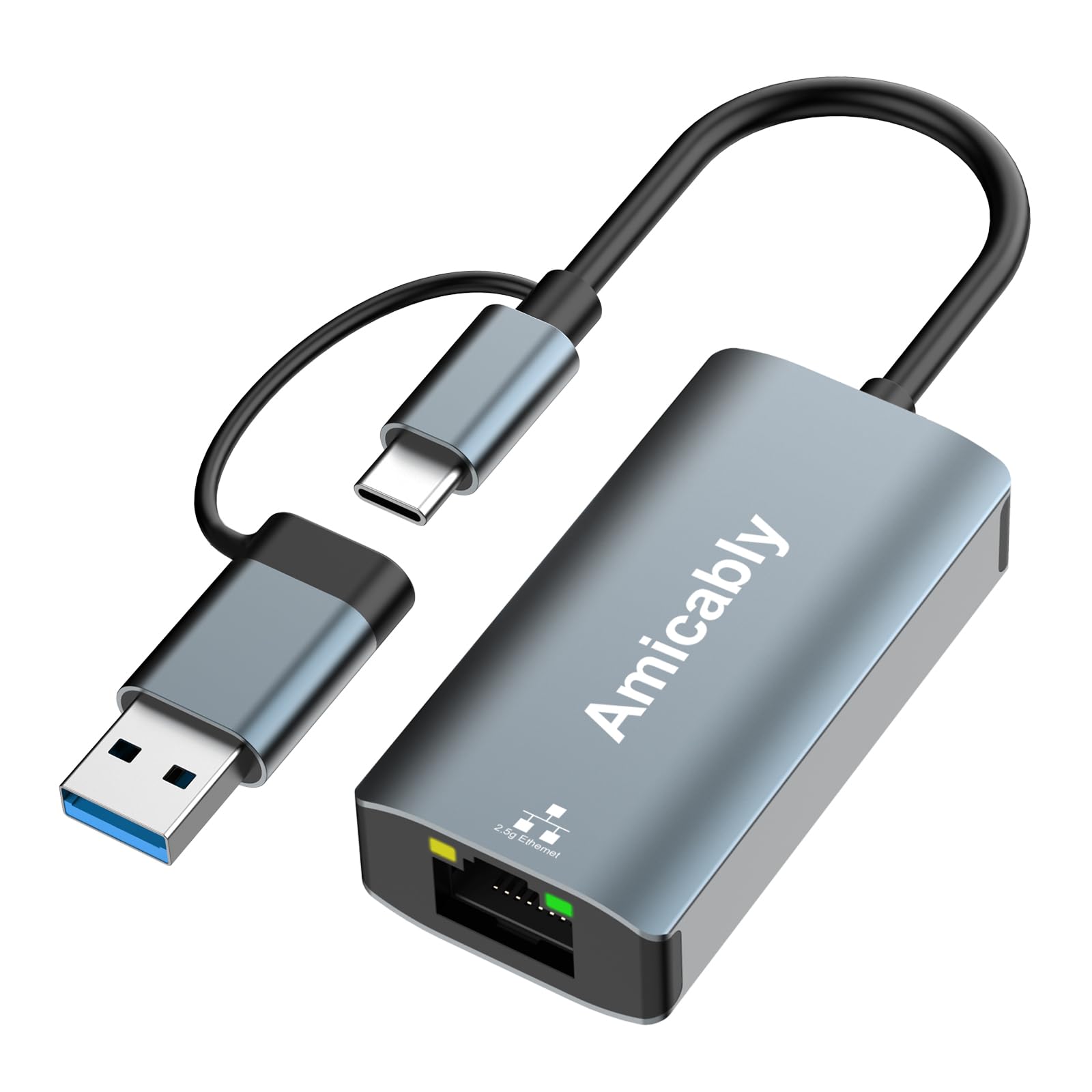 Adaptador USB C Ethernet, 2 en 1 USB a RJ45 Gigabit LAN, 2500 Mbps USB LAN Adaptador de Aluminum Compatible con MacBook/Pro/Air, Surface Pro,iPhone 17 Pro MAX Series Windows 11/10/8/7, Linux, Mac OS