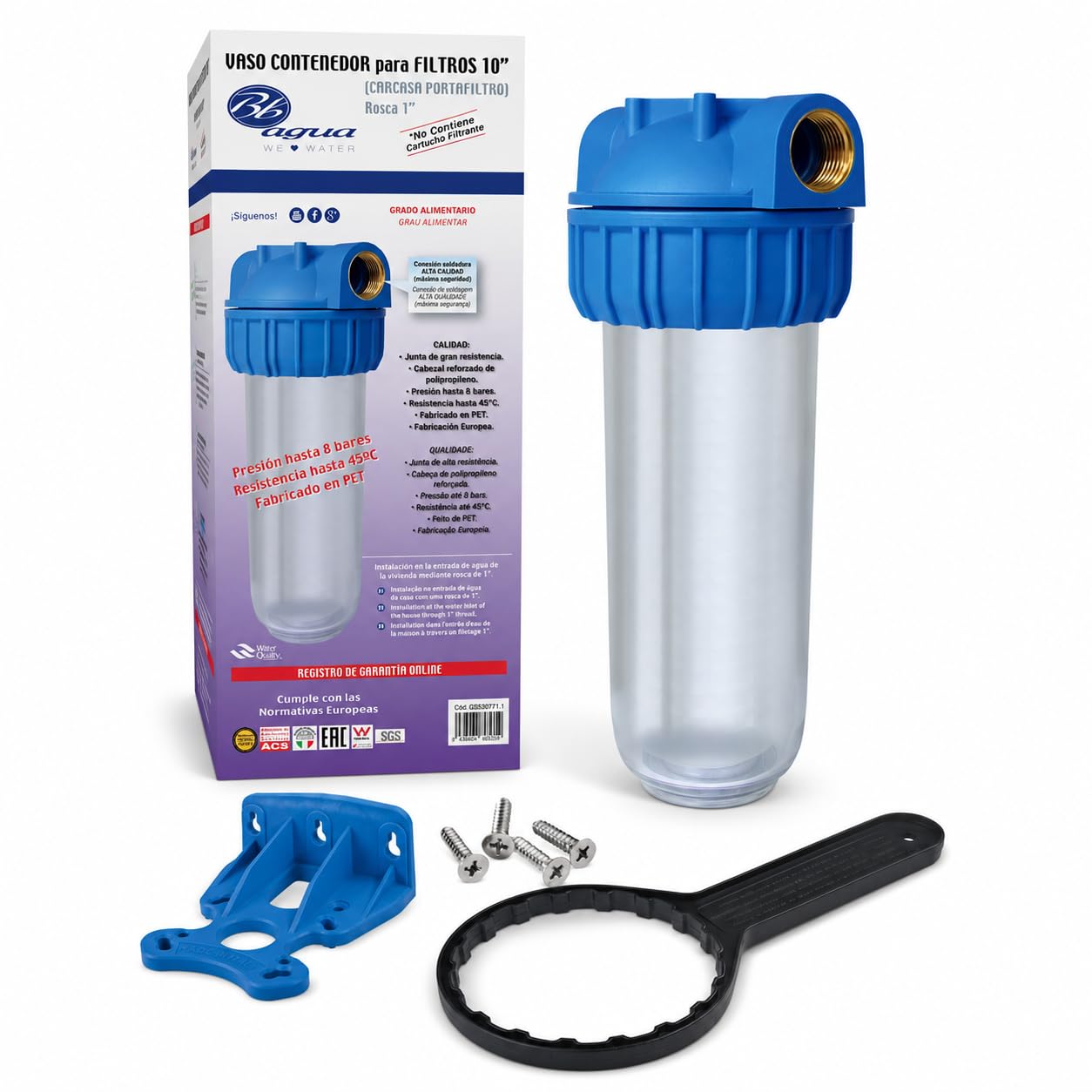 Filtre à eau 10" Filetage en métal de 1" avec support mural et clé de changement de cartouche ou de filtre. Filtre non inclus. Installation et entretien faciles.