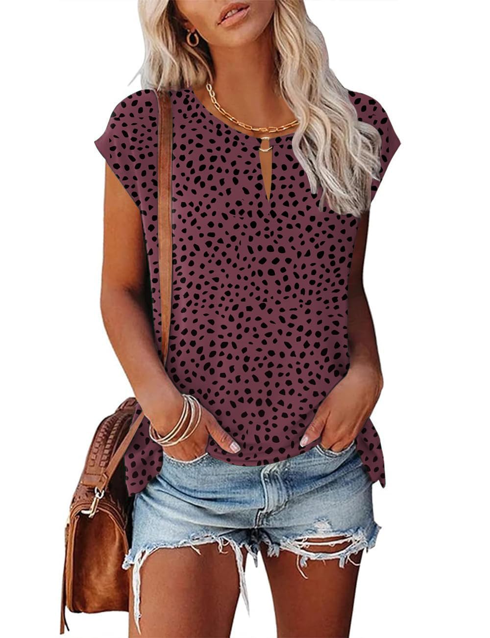 Tanmolo Damen T-Shirt Oberteile Top Sommer mit Flügelärmeln & Metallring-V-Ausschnitt Elegant Casual Shirt Bluse für Freizeit und Alltag