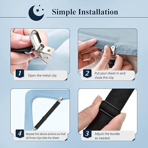 Vista 31 de Sopito Tirantes para sábanas, 4 piezas ajustables, sujetadores de sábanas resistentes, para colchones, sábanas bajeras, sábanas planas, color negro