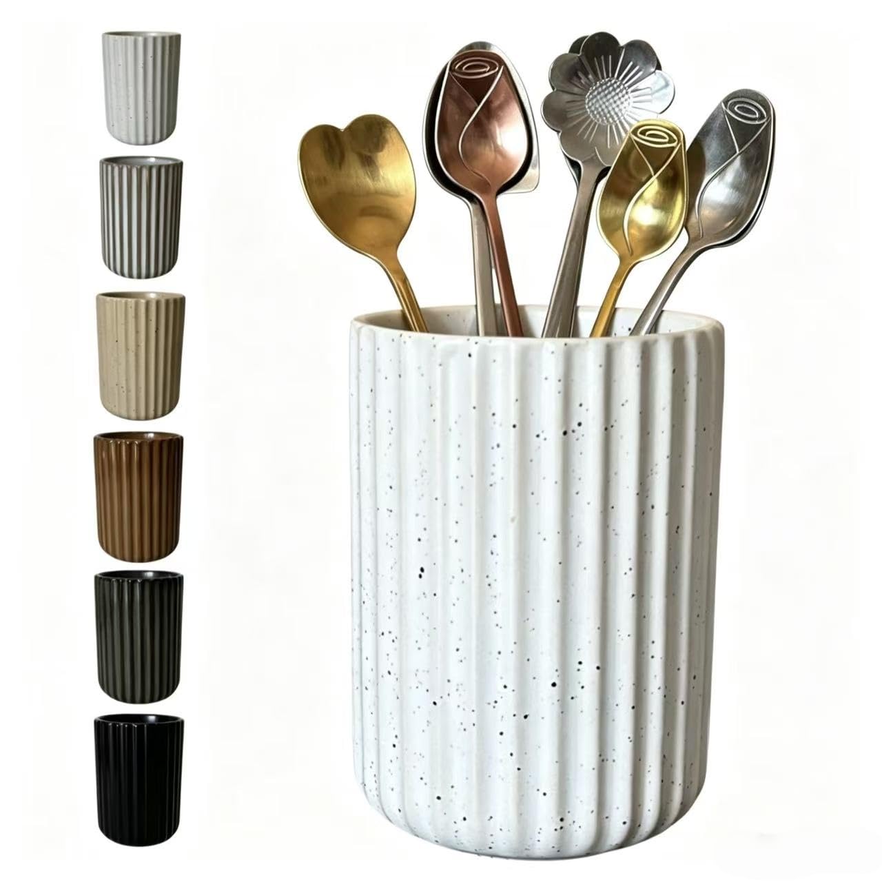 TOPYOKK Stoneware Coffee Bar Utensil Holder Tea & Coffee Spoon & Stirrer Holder for Stir Stick Straw Teaspoon Holder Espresso Spoon Cup Small Utensil Jar Fluted Vertical Stripe (Speckled White)