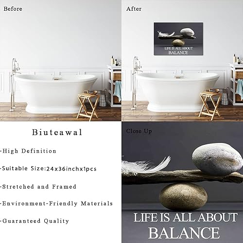 Miniatura 6 de Biuteawal Arte de pared motivacional zen, impresión en lienzo blanco y negro, piedras de equilibrio con plumas, pintura inspiradora, arte enmarcado,