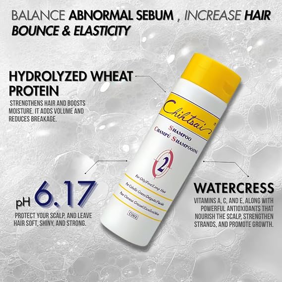 Chihtsai No.2 Shampoo for Oily/Fine/Limp Hair (8.3oz/250ml) - Remove excess sebum & impurities, Balance oil secretion, Adds volume without weight