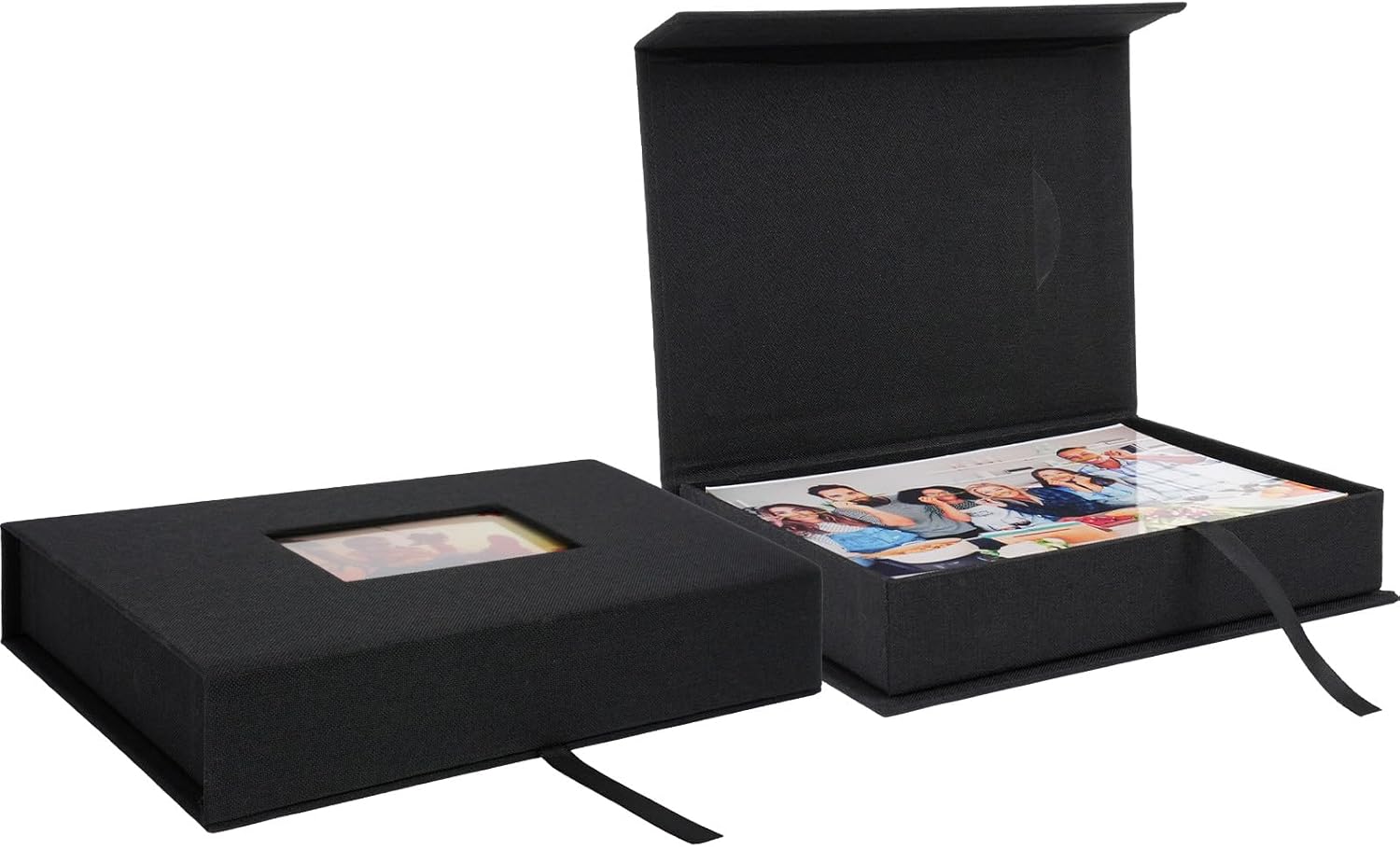 Linen Photo Storage Box, 5 x 7 Inch Memory Keepsake Organizer with Transparent Window, Stylish Photo Box for Storing Pictures, Keepsakes, Postcards, Scrapbooking Supplies, Black