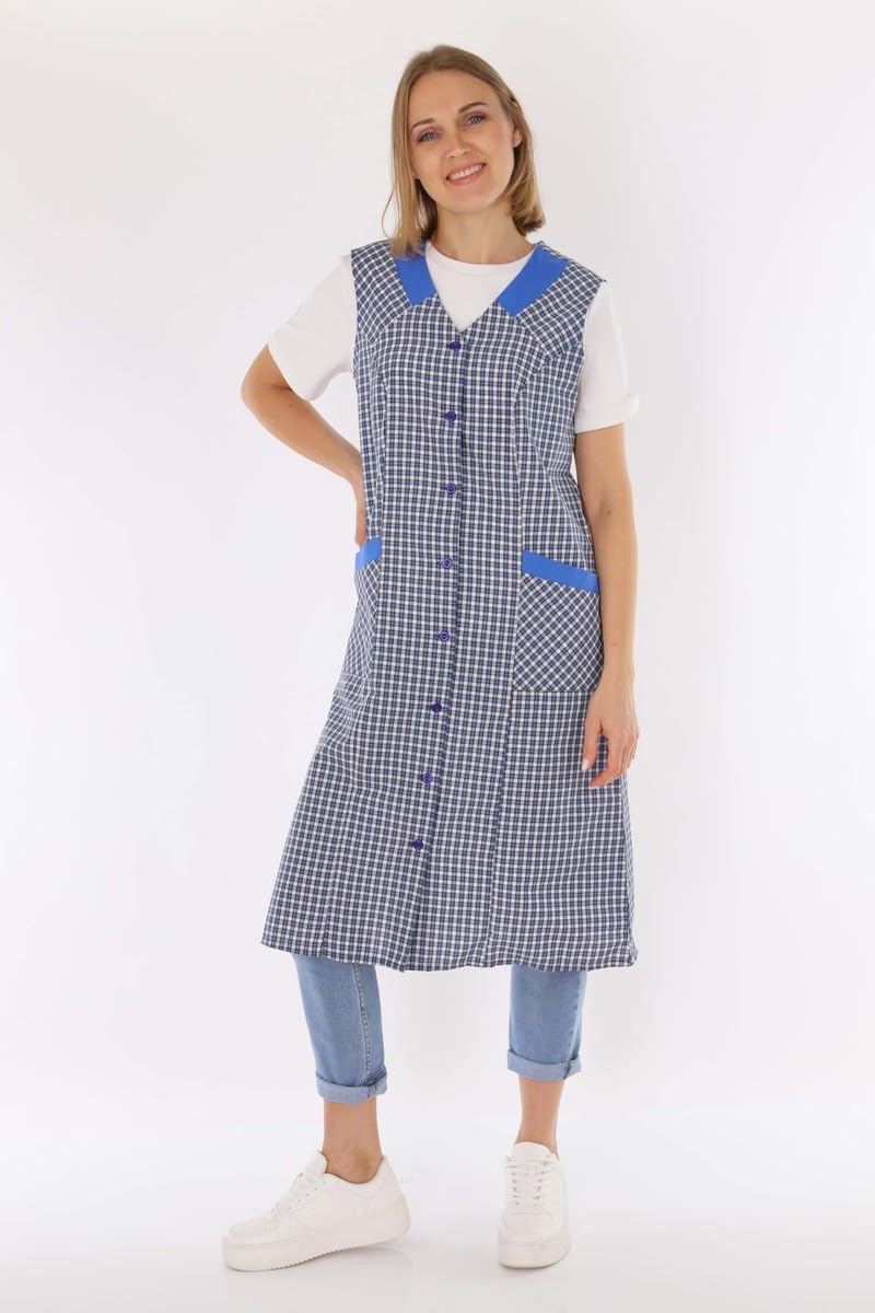 Schuerzenfabrik Delantal con botones para mujer, tejido mixto, a cuadros, sin brazo, delantal de cocina
