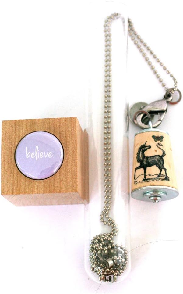 UNICORN Necklace - Cork in Test Tube with Wood Cube - Choice of Chain Length - Any Initial Stamped on Charm