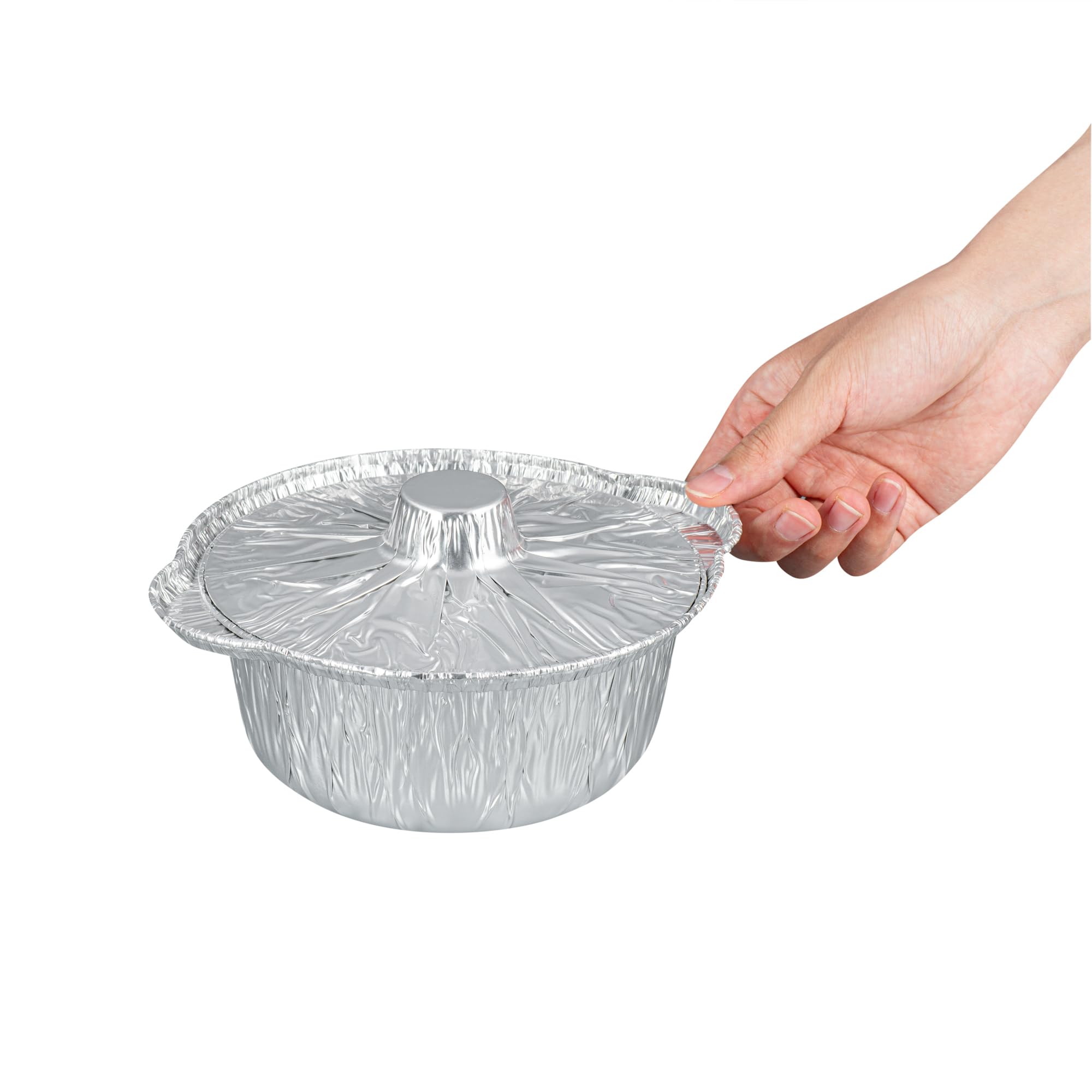 Restaurantware Foil Lux - Sartenes y tapas de 34 onzas, 10 ollas desechables con tapas, listas para horno, compatibles con estufas, bandejas de aluminio para hornear, congelables, para acampar al aire