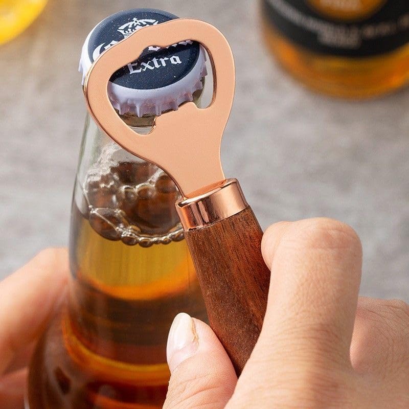 Premium Rose Gold Mirror Polished Stainless Steel Beer Bottle Openers with Acacia Wood Handle, Set of 6 – Stylish & Durable, Perfect for Home Bars, Parties, and Gifts