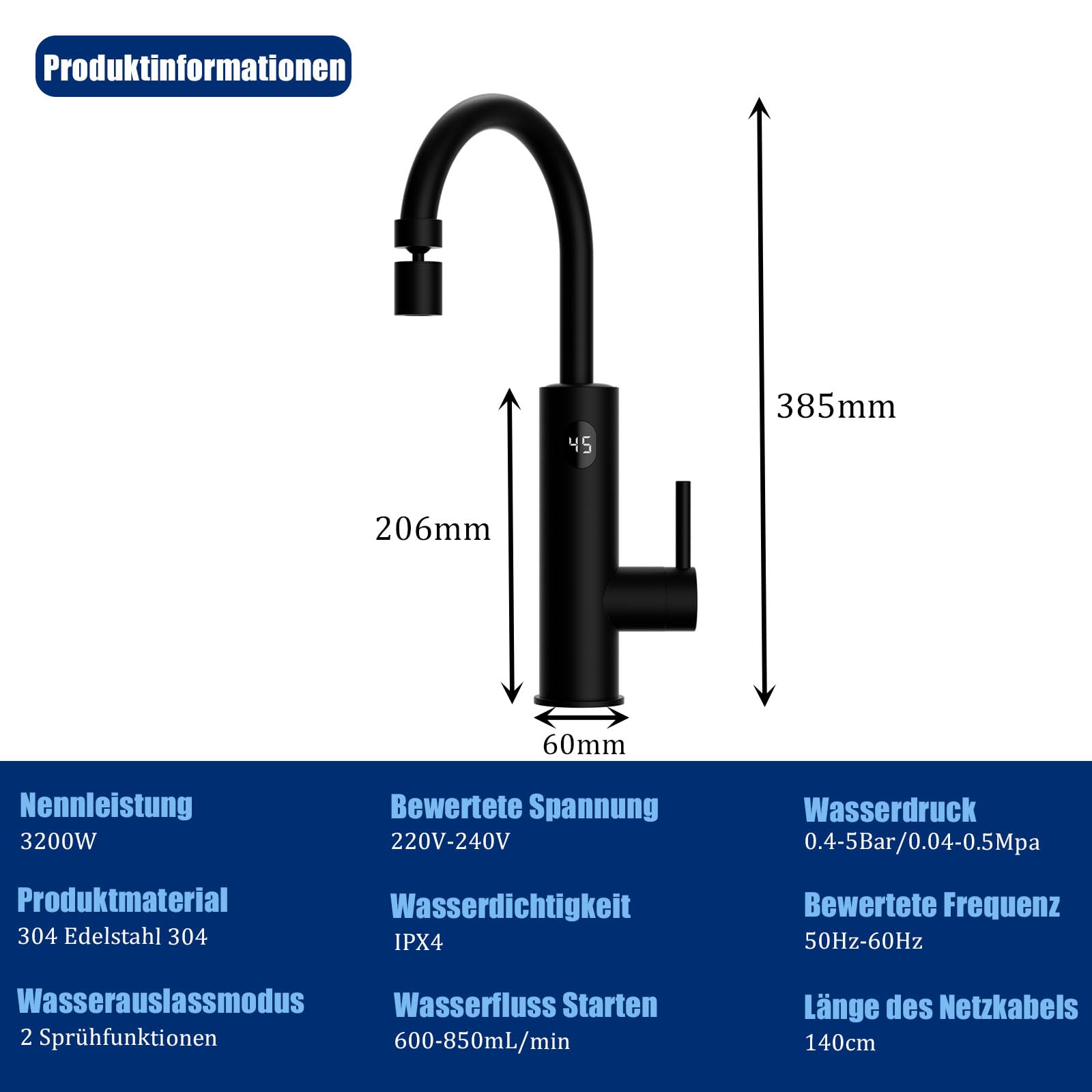 ESOP Wasserhahn mit Durchlauferhitzer, Elektrischer Wasserhahn 2 Modus | 220V 3200W Küchenarmatur mit LED Display, 360º Drehbar Auslauf, 304 Edelstahl Wasserhahn Elektrisch für Küche, Schwarz