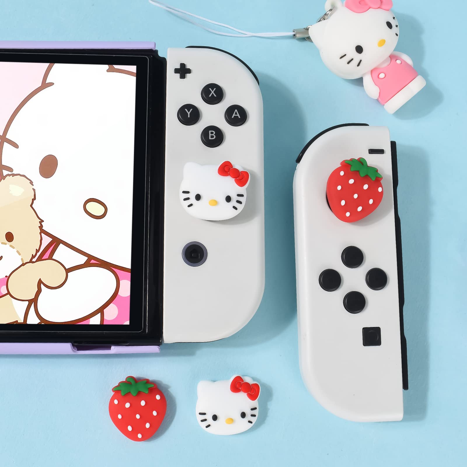DLseego Mignon Thumb Grips Compatible with Switch Lite/Switch OLED Joy Con,Caps en Silicone Souple pour Manettes de Jeu,Capuchons pour Boutons de Manettes Analogiques-Chaton et Fraise