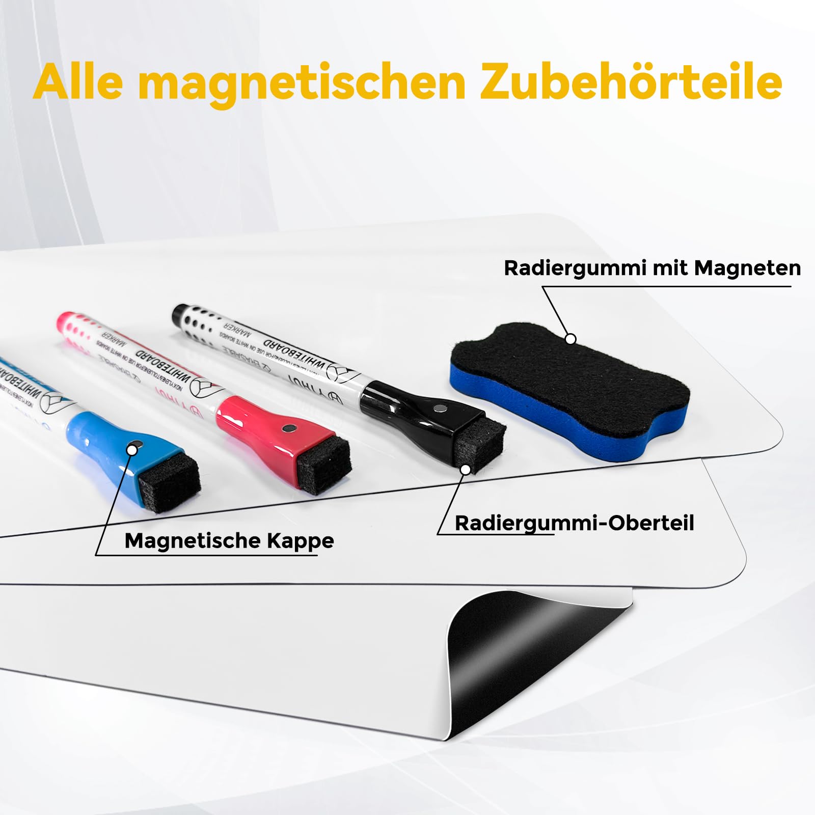 3 Stück Mini Magnetisches Whiteboard für Kühlschrank 30x20cm | Abwischbare A4 Magnetfolie für Küche u. Familie. Zuschneidbarer Wochenplaner. Inkl. 3 magnetische Stifte, 1 Schwamm