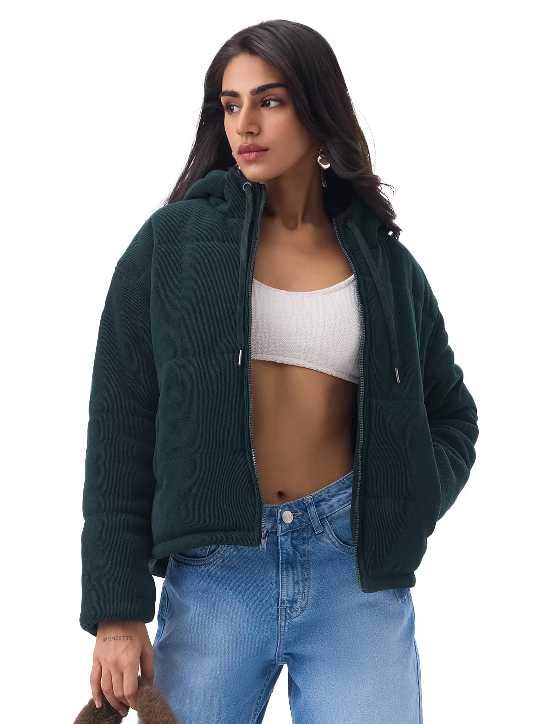 Bottle Green Women and Girls Long Sleeves Hooded Neck Dark Green Solid Textured Polyester Oversized Fit Lightweight Winter Puffer Jacket-image-40