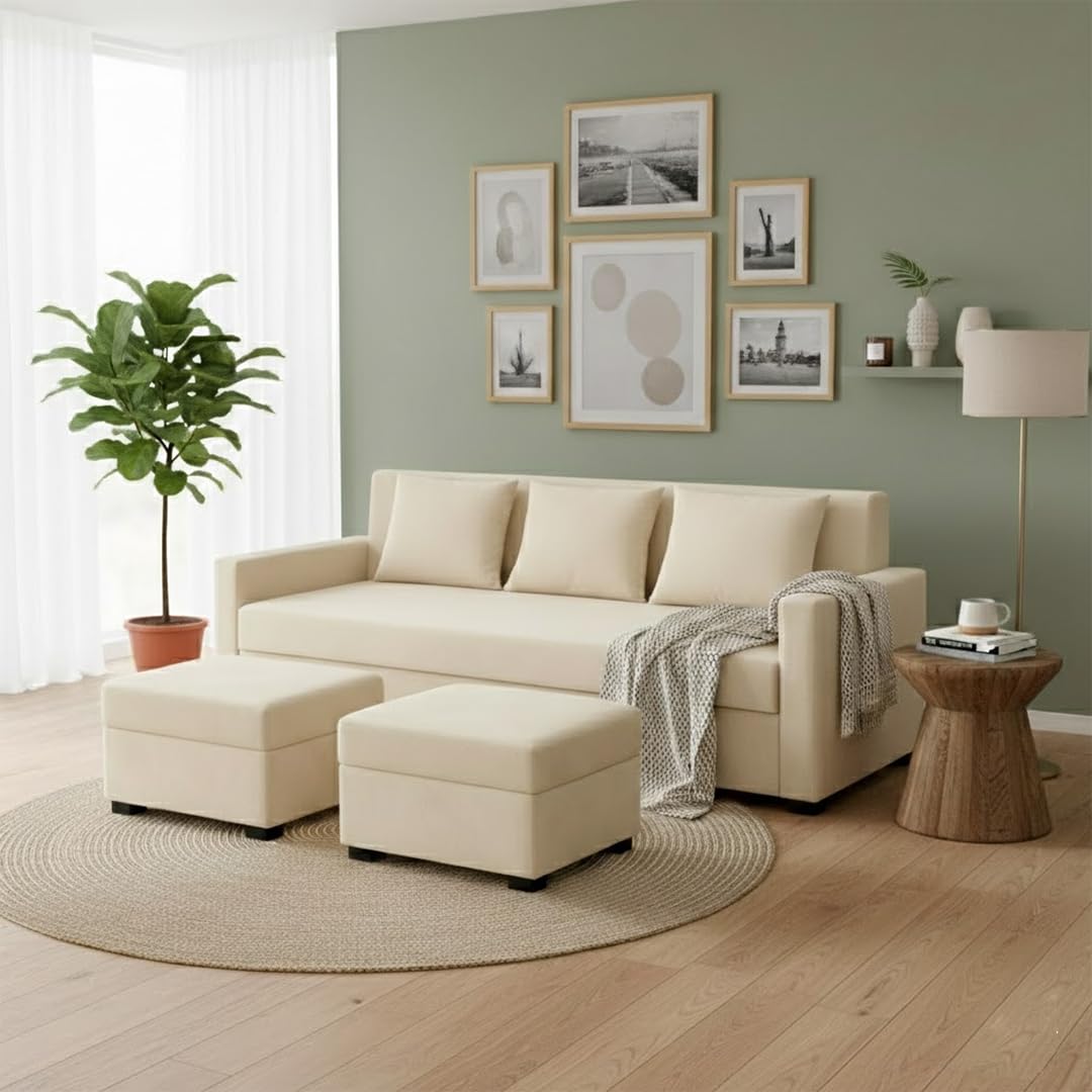 FURNY Lily 3 Seater Fabric Sofa Set with 2 Ottomans (Cream) with Velvet Finish | Durable Comfort | Ideal for Living Room-image-21
