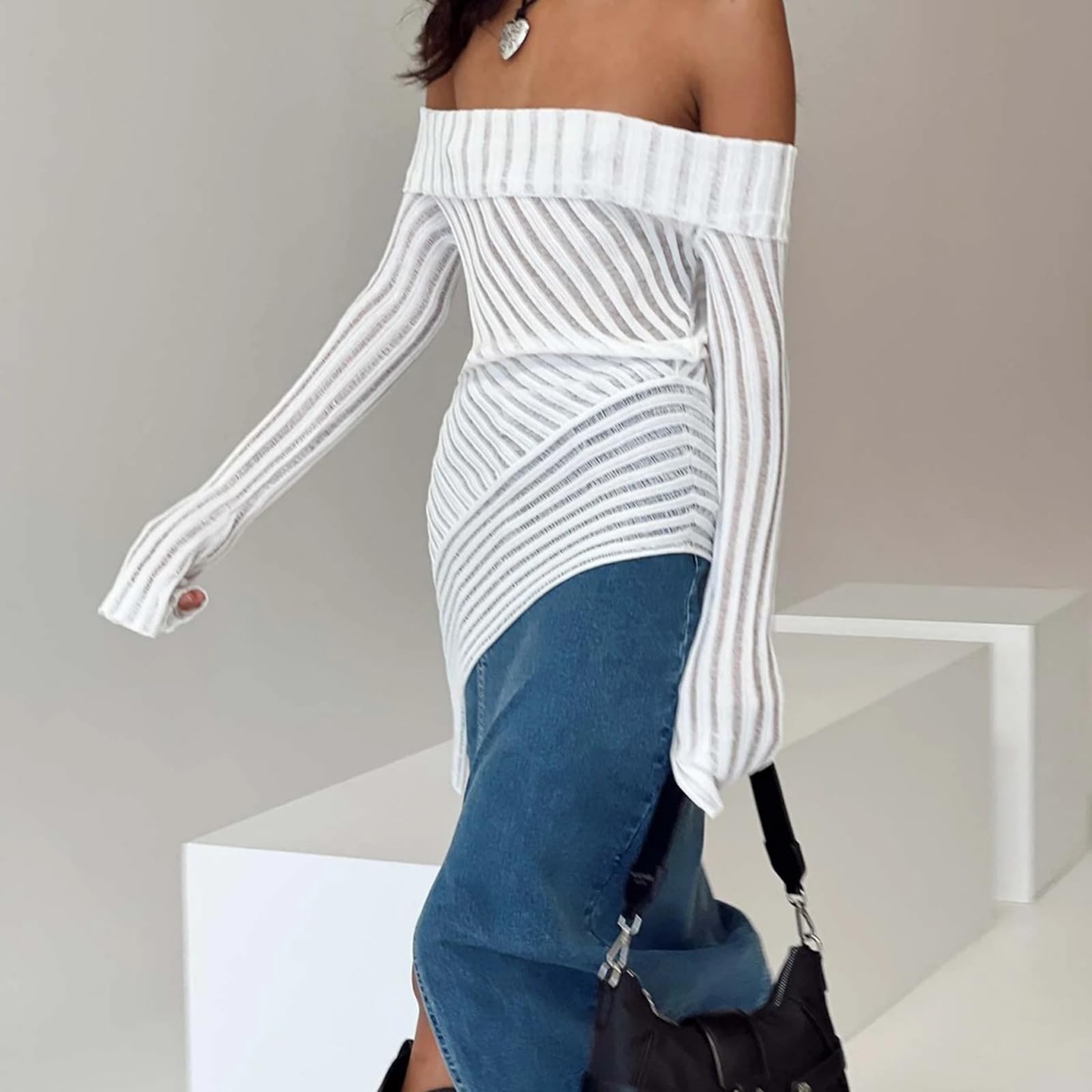 Bluzki z odkrytymi ramionami Damskie Długie rękawy Nieregularny dół Stripe Knit Slim Fit Wyjściowe topy
