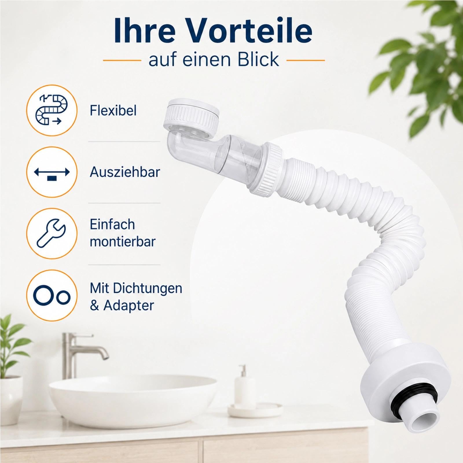 Sifón de ahorro de espacio, sifón de ahorro de espacio de 1/4 pulgadas, sifón flexible para baño, 360° más flexible y extensible, para fregadero de cocina, lavadora, baño