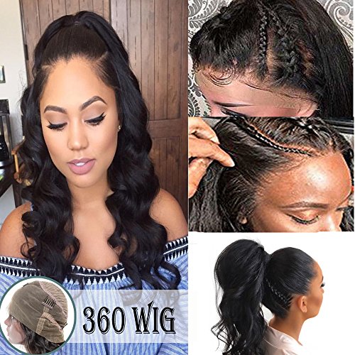 360 Lace Wig Brazilian Human Hair Body Wave 16 Inch Pre-Plucked with Baby Hair 360 Frontal Lace Human Hair Wigs for Black Women Natural Black