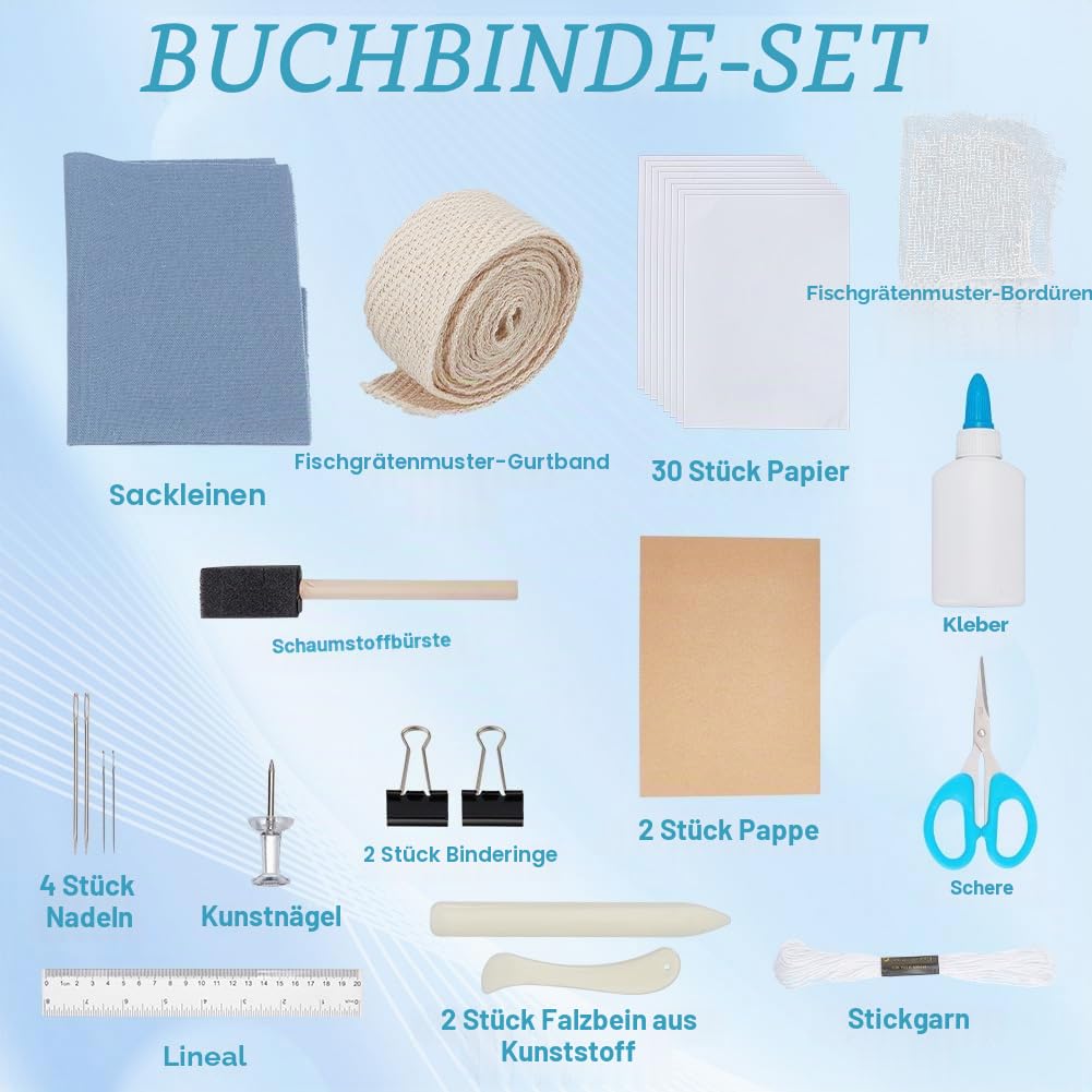 WEBEEDY Buchbinde-Set Für Anfänger Machen Sie Ihr Eigenes Hardcover-Buch DIY-Buchbinde-Bastel-Set Für Erwachsene Komplettes Buchbindezubehör-Set Mit Faden Nähnadeln Papier Und Andere Werkzeuge