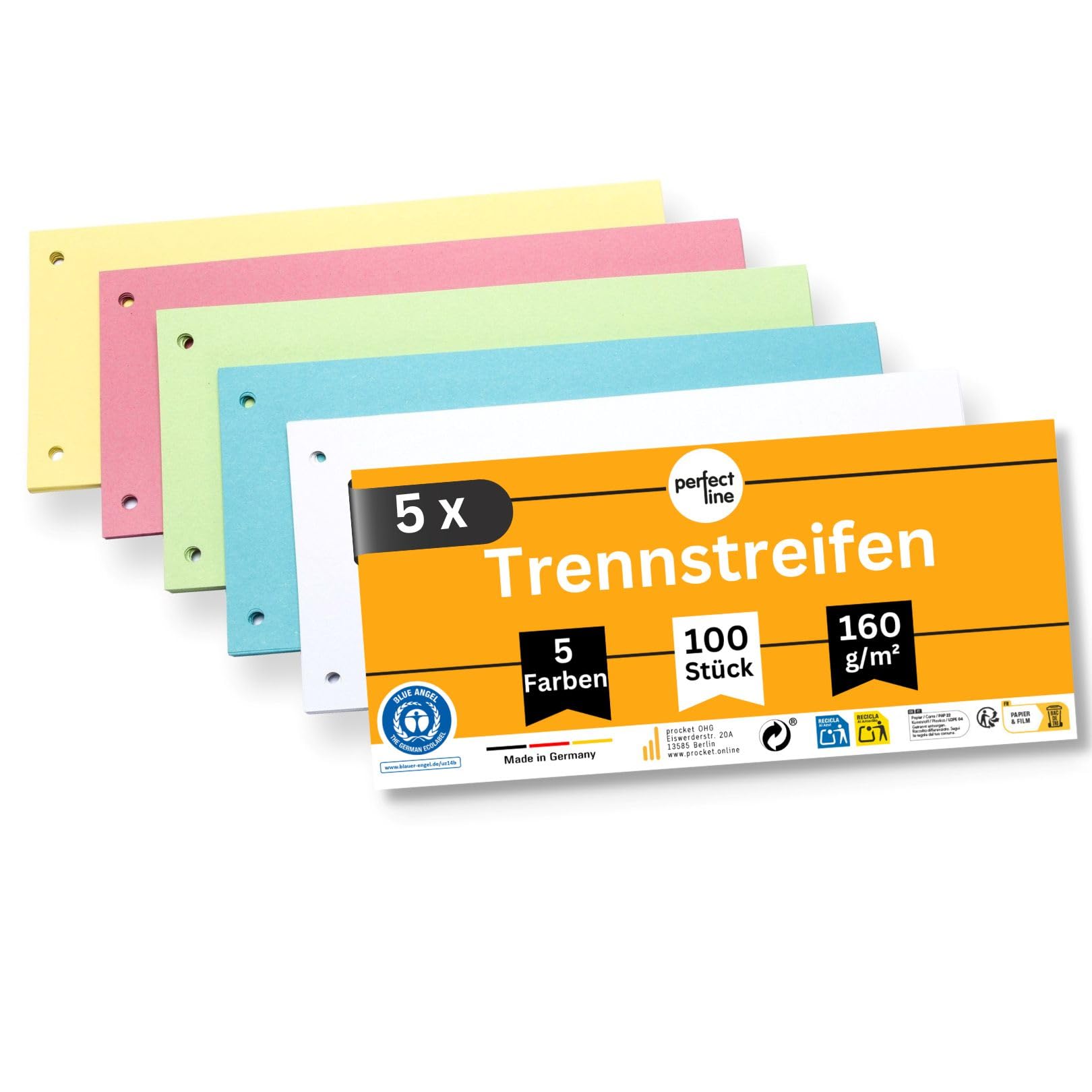 perfect line 500 Trennstreifen für Ordner A4, Trennblätter aus Recycling-Karton, MADE IN GERMANY, 5 Farben, gelocht (5 x 100 Stk.)