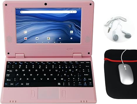 CHIBBS Portable Kids Laptop Computer, 7" Inch IPS Screen Mini Laptop Powered by Android 13.0, Quad Core, 2gb Ram + 32gb ROM, 2* USB, Camera, Bluetooth, Wi-Fi- Pink