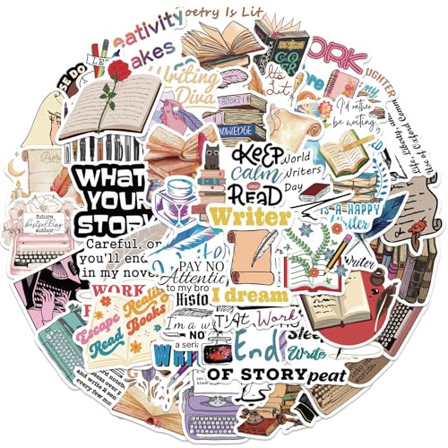 Writer Stickers for Kids Teens Students Teachers, 50 Pcs Love Reading Aesthetic Vinyl Decals for Laptops, Gxizlba Book Author Sticker Decorative Refrigerator Scrapbook Guitar Gifts Sticker