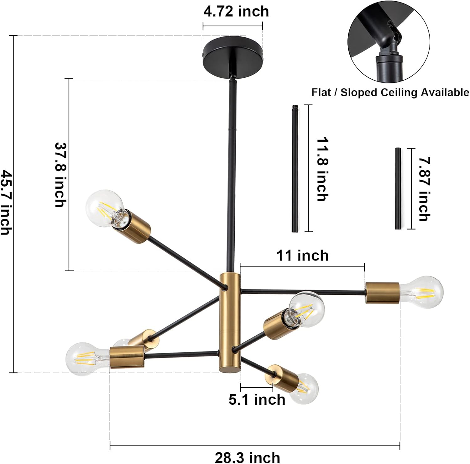 SineRise Modern Sputnik Chandelier Light Fixture, 6-Light Chandelier Ceiling Light Fixture Black and Gold Mid Century Chandelier Height Adjustable for Kitchen, Living Room, Bedroom, Hallway and Foyer