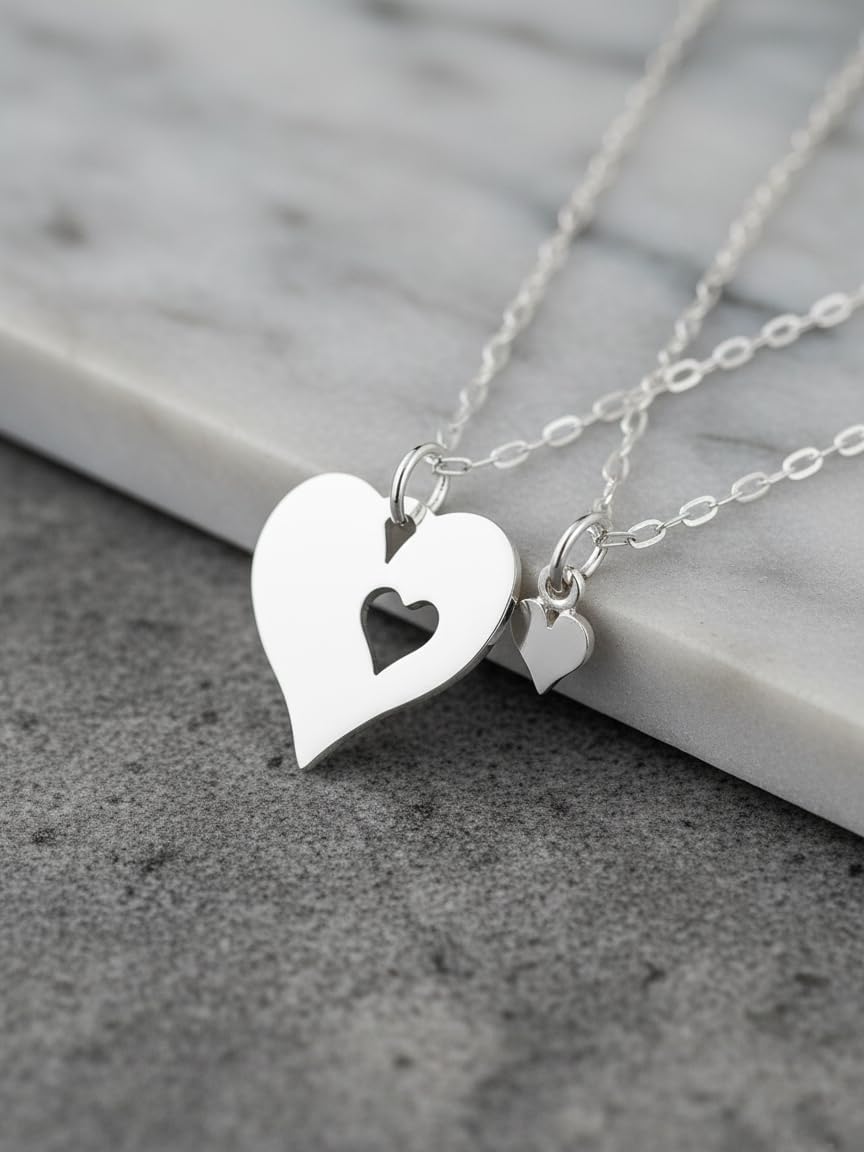 EnCharmed Sterling Silver Mother Daughter Hearts Set of 2 Flat Charm Necklaces, Mom Pregnancy Delicate Pendant Jewelry, 18"