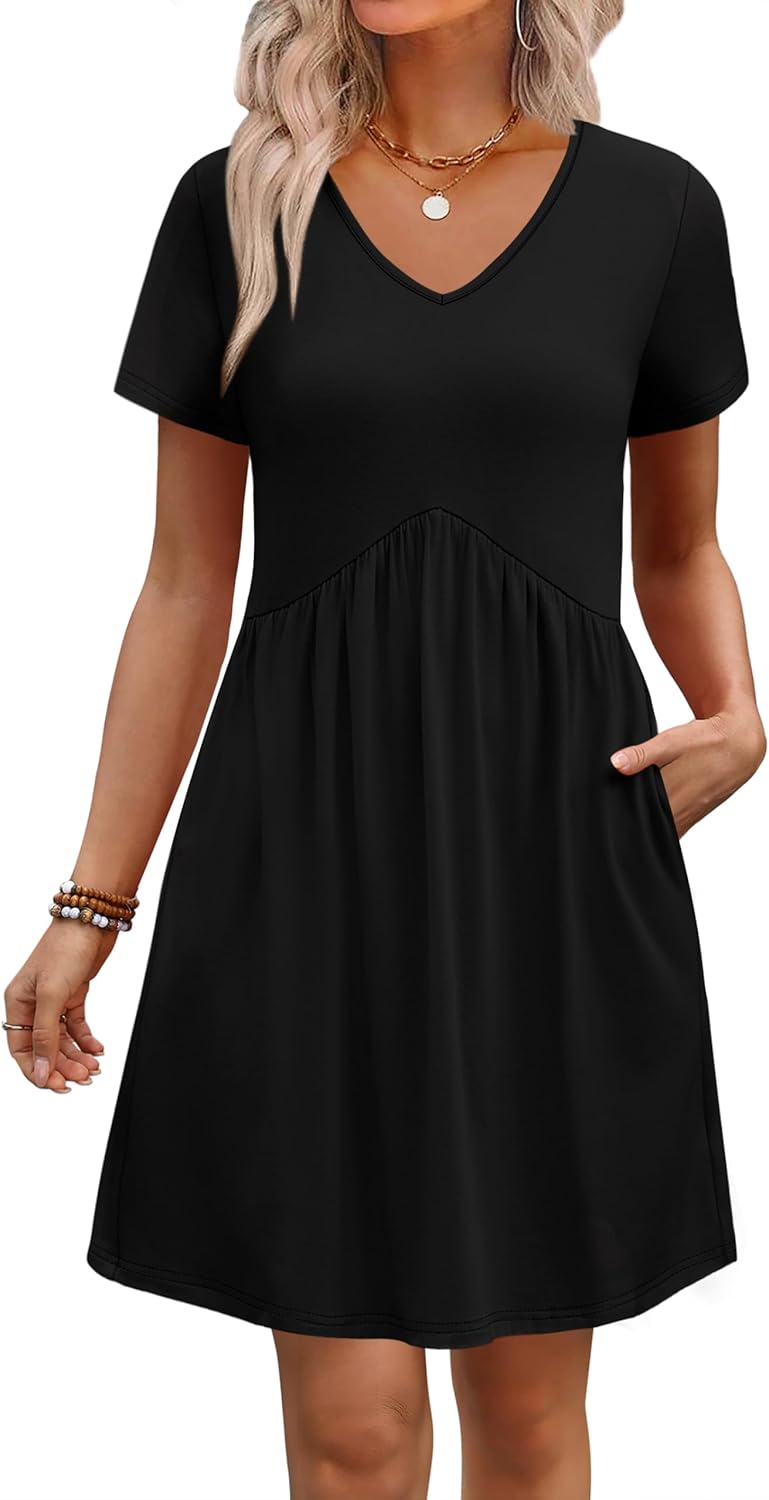 WIHOLL Dresses for Women 2026 Casual Summer V Neck Babydoll Dress Short Sleeve Fashion Beach Vacation Clothes - Image 2