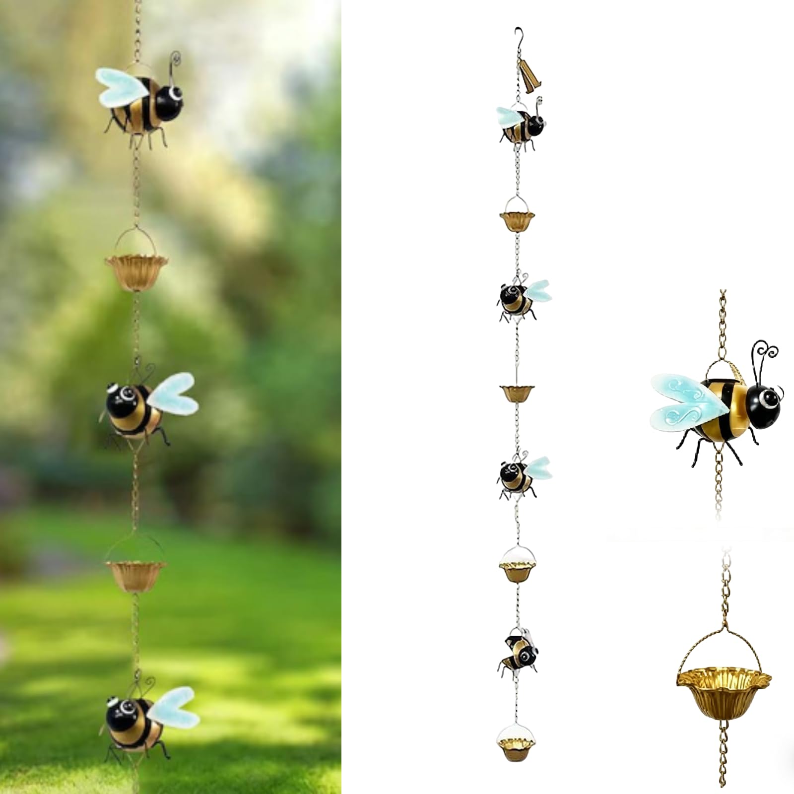 Bee Rain Chain for Gutter, Decorative Acrylic Rainwater Downspout Alternative with Metal Cups, Outdoor Garden Water Feature