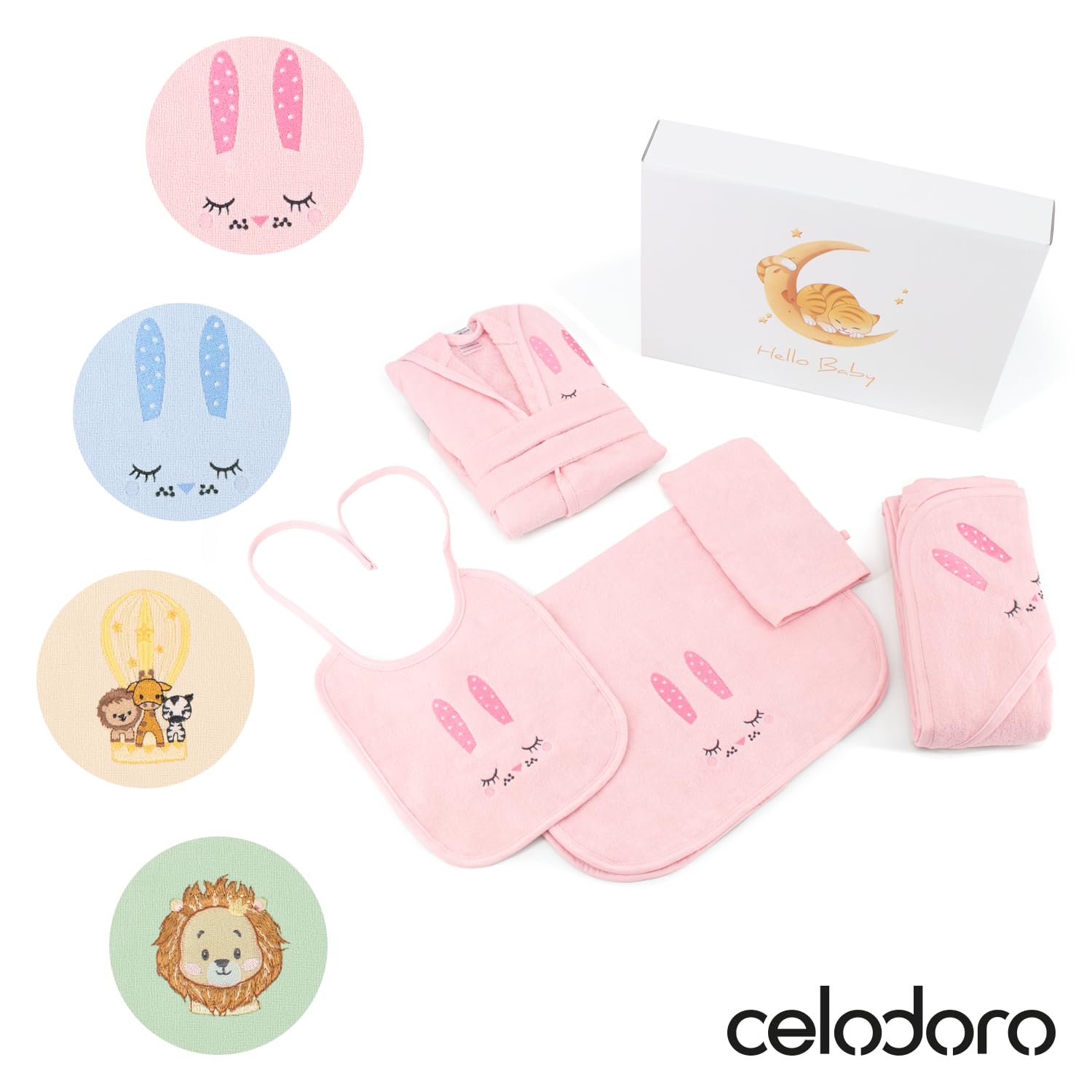 Celodoro Set regalo per bambini, 5 pezzi, confezione regalo con accappatoio, asciugamano con cappuccio, guanto da bagno, bavaglini, per bambini da 0 a 12 mesi