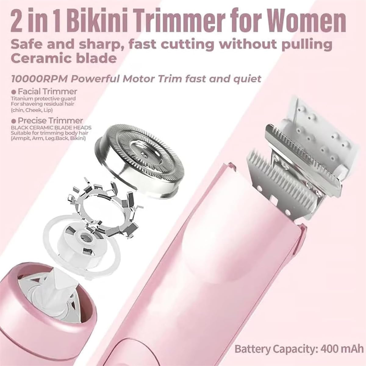 Rasoio elettrico a doppia testa 2 in 1, rasoio elettrico per bikini, IPX7, impermeabile, ricaricabile, per corpo, viso, uso bagnato e asciutto