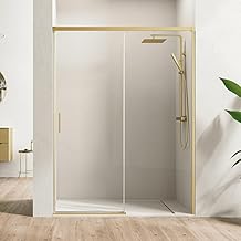 Front Shower Screen 1 Door 1 Fixed Sliding | Tempered Glass 6 mm Anti-Limescale Transparent | Height 195 cm | Gold Profile 125 cm (Adaptable 119-124 cm)