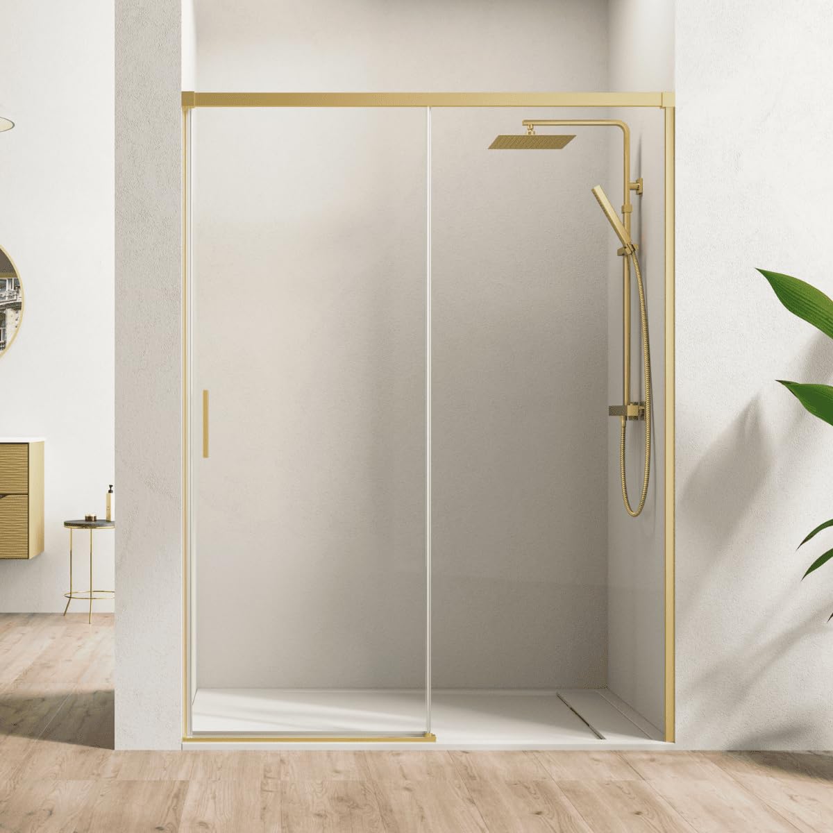 Mampara Ducha Frontal 1 puerta 1 fijo Corredera | Vidrio Templado 6mm Antical Transparente | Altura 195cm |Perfil Oro 110 cm (Adaptable 104-109cm)