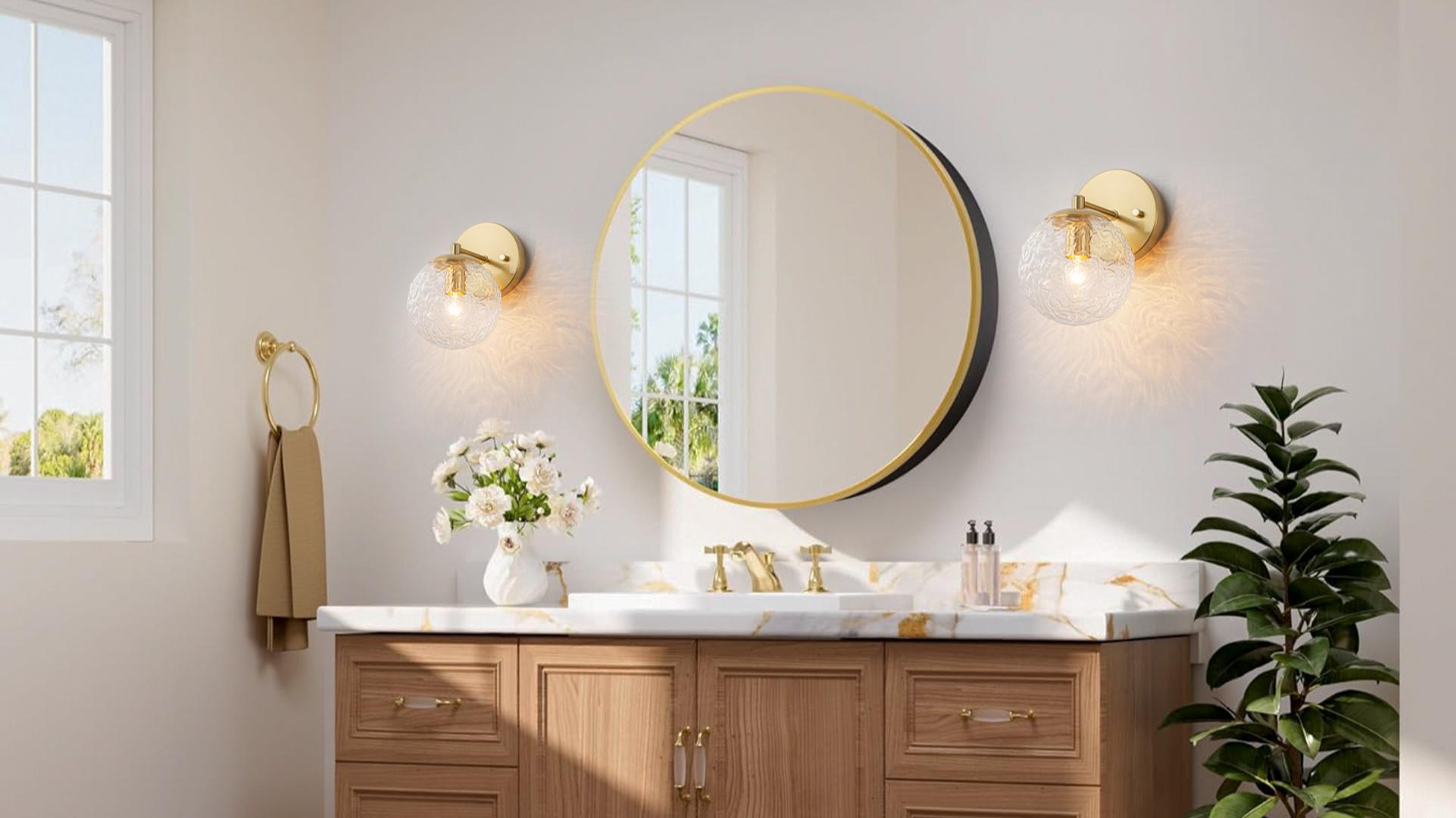 Image of Gold Wall Sconces Set of 2 Vintage Bathroom Wall Lamp 2 Pack Glass Globe Wall Light Vanity Hardwired Wall Mounted Lighting for Bedroom Living Room Hallway Stairs Kitchen (5.12in, E12)