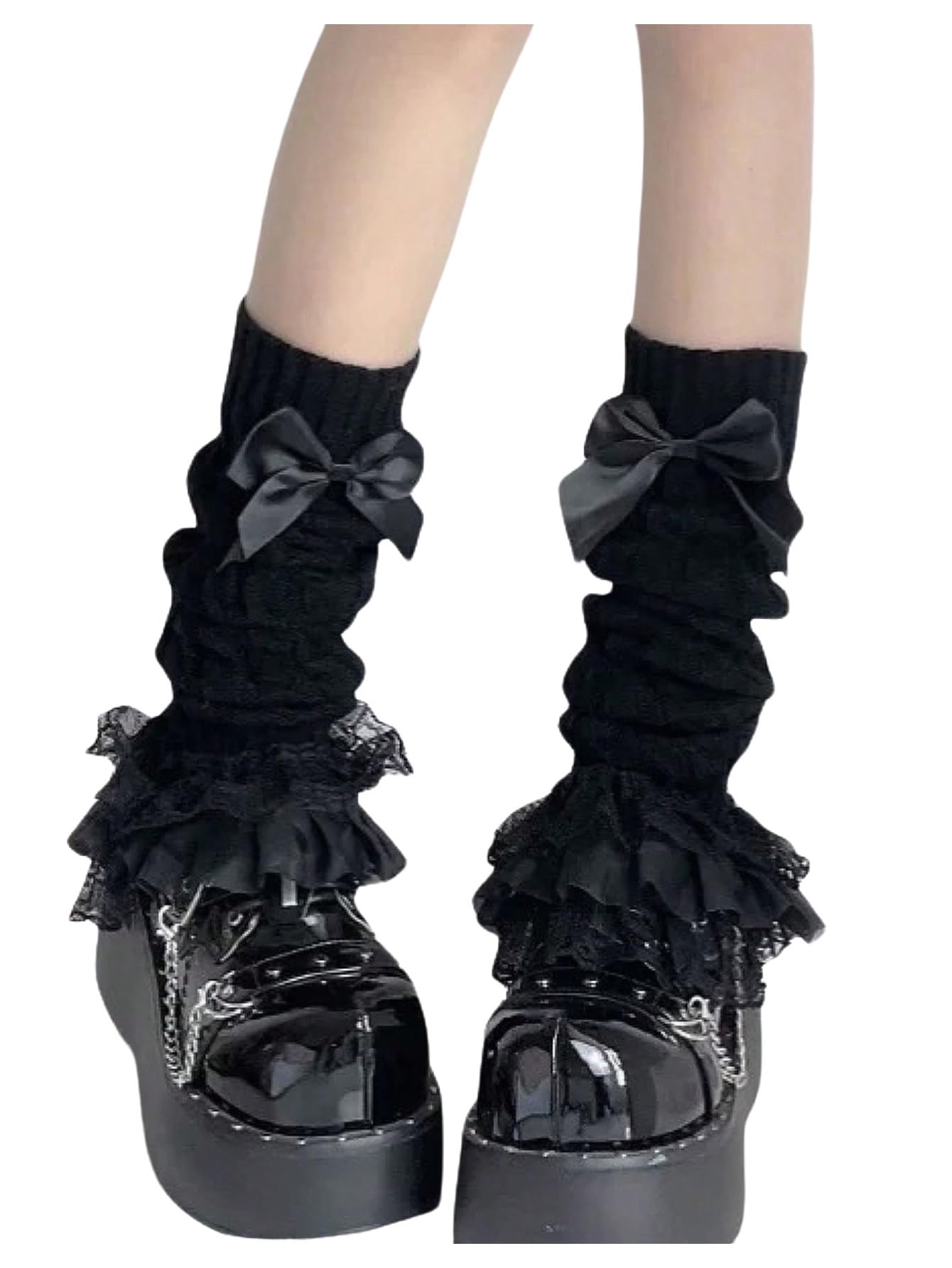 Womens 1 Pair Y2K Bow Front Lace Trim Leg Warmers Ribbed Knit Over Knee Pile Leg Warmers Long