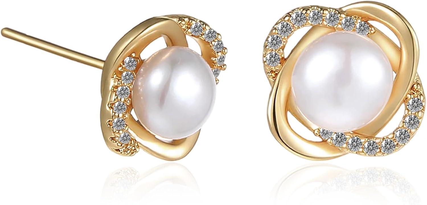 Yolev Pearl Stud Earrings for Women Gold Knot Pearl and Diamond Earrings Cute Elegant Small Pearls Earrings 18K Gold Plated Sterling Silver Post with two earplugs for Bridal Wedding Prom Jewelry Gift - Image 8