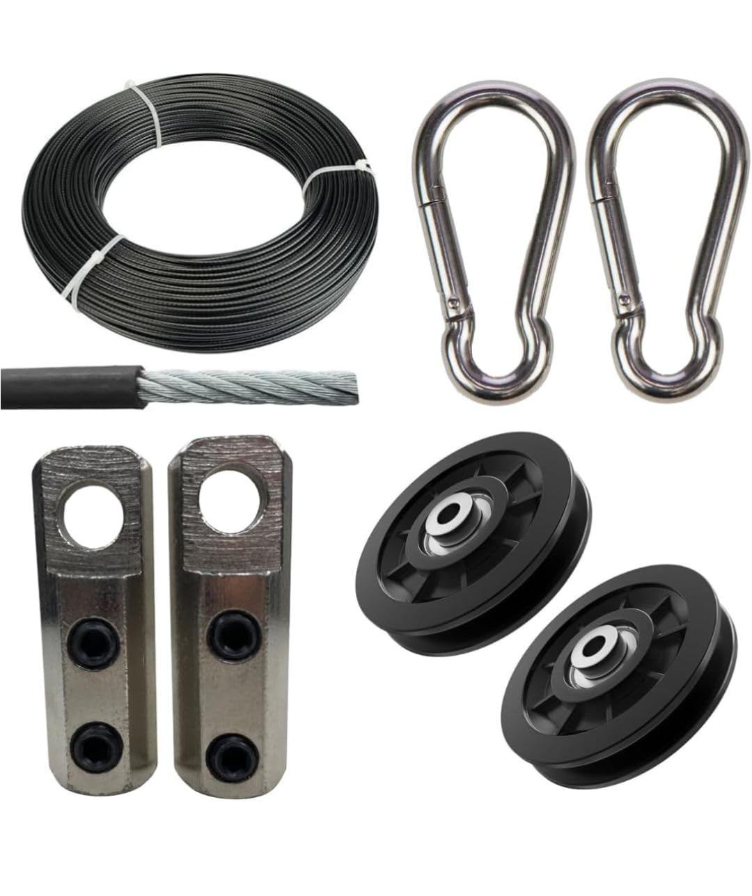 Gym Machine Cable Wire (6mm) with Locking Accessories – 4" Pulley Wheels, Wire Locks & Snap Hooks (Black Wire, 5 Meter)-image-23